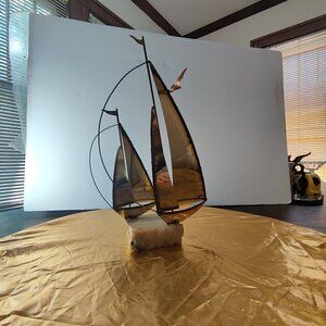 'Two Sailboats' sculpture, signed by Mario Jason. MCM with Seagull & Flags Brass